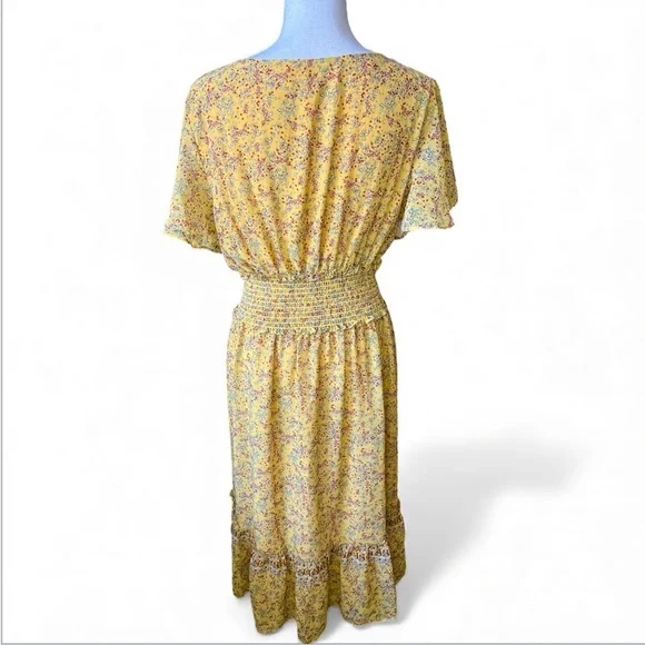 Max Studio Yellow Floral Midi Dress flutter sleeve feminine cottagecore XL - Picture 7 of 9